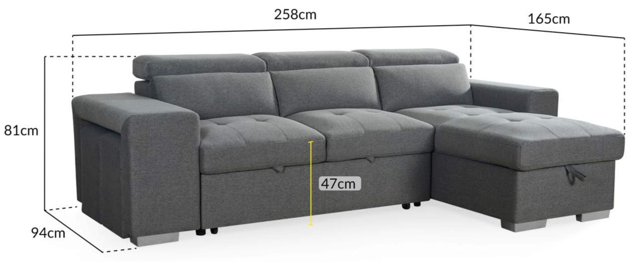 Grey corner sofa bed a with dimensions labeled