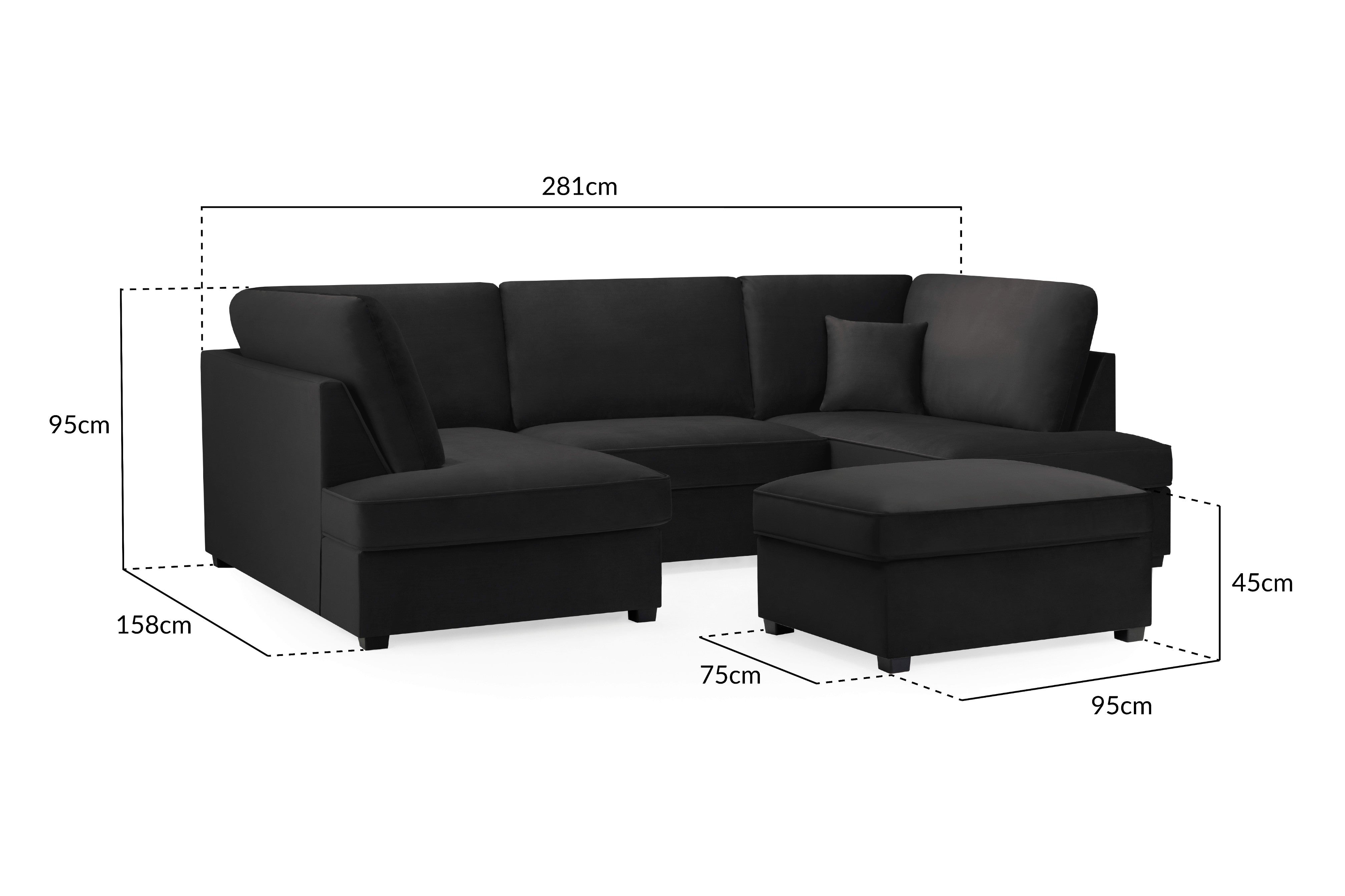 Carmelle Velvet Black U Shape Corner Sofa