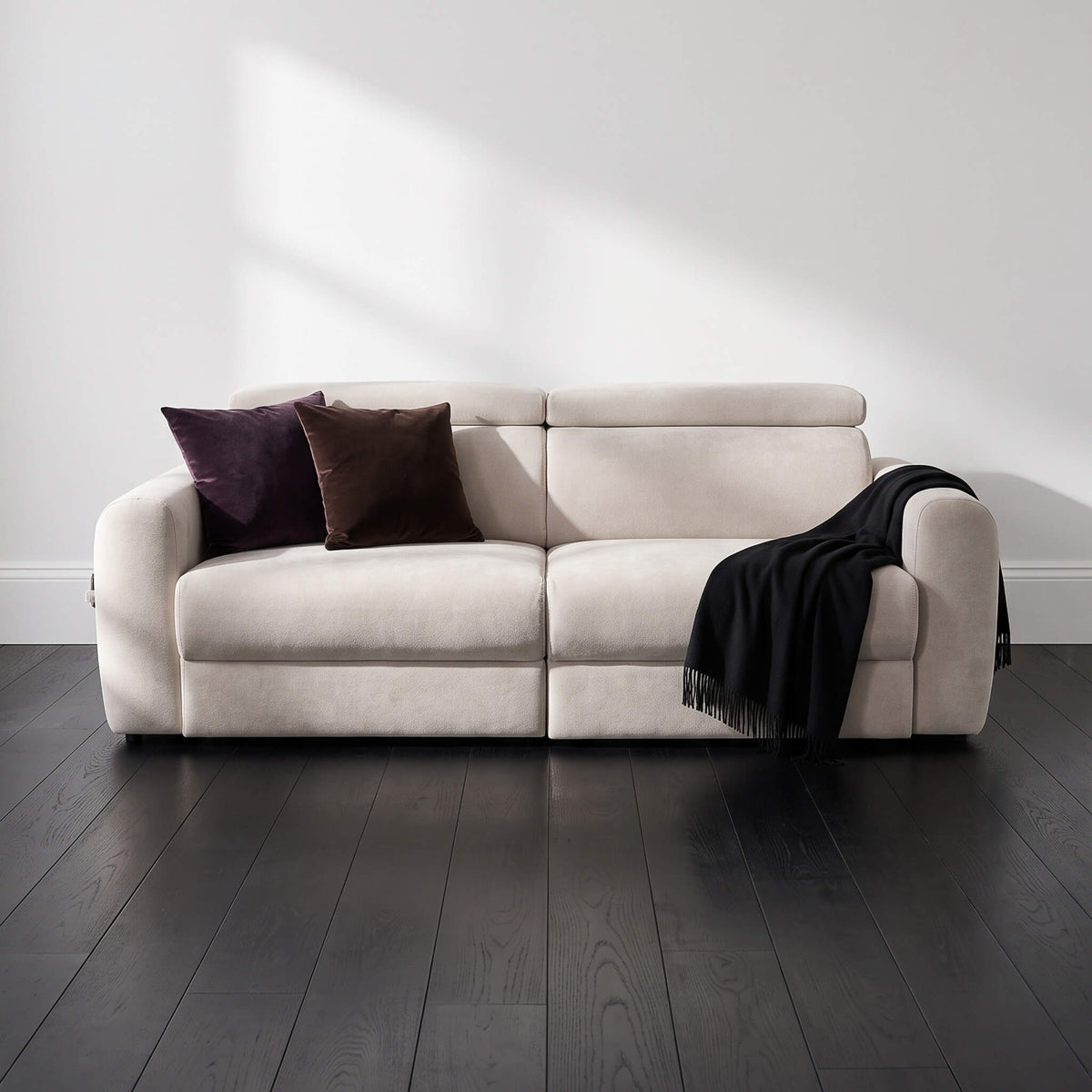 Flex Beige 3 Seater Power Slider Sofa styled with dark cushions and black throw on dark wood flooring