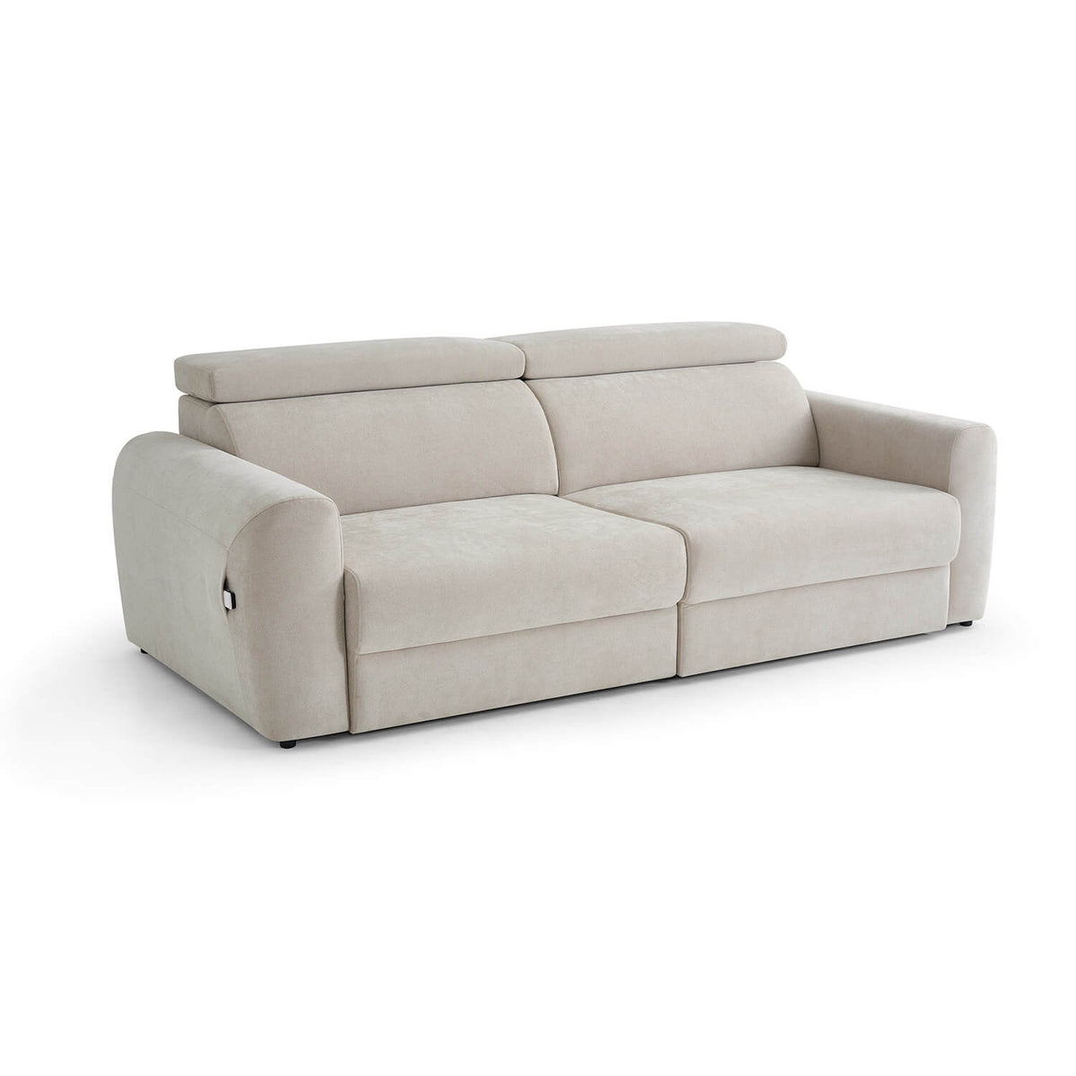 A 3 seater power slider sofa in a beige fabric, shown from a front facing perspective against a plain white background.