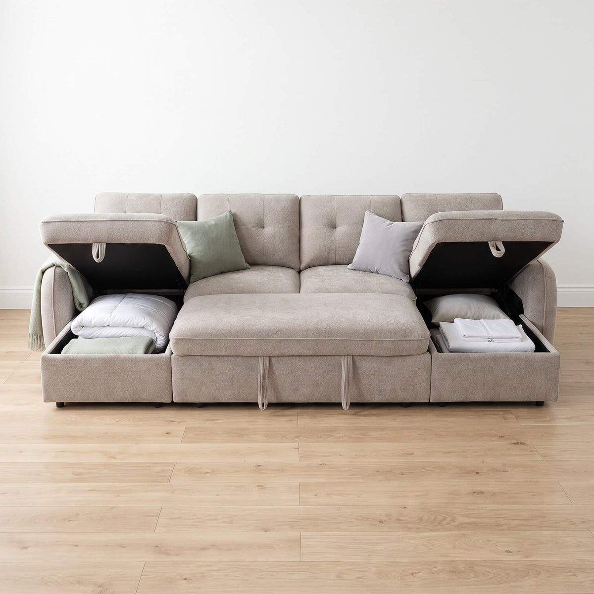 U-shape corner sofa bed in light beige fabric, open storage reveal with two seat beds visible
