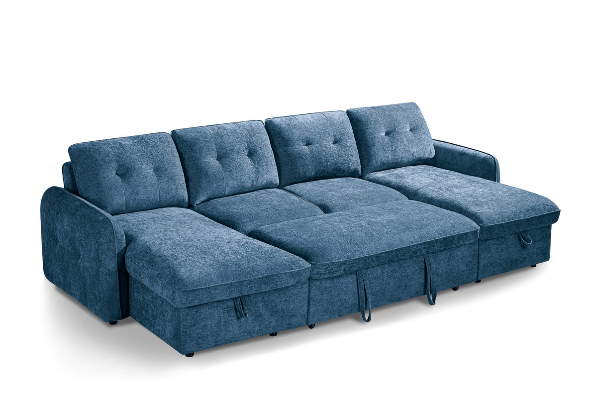 Blue U-shape corner sofa bed with tufted back cushions and folded chaise seats