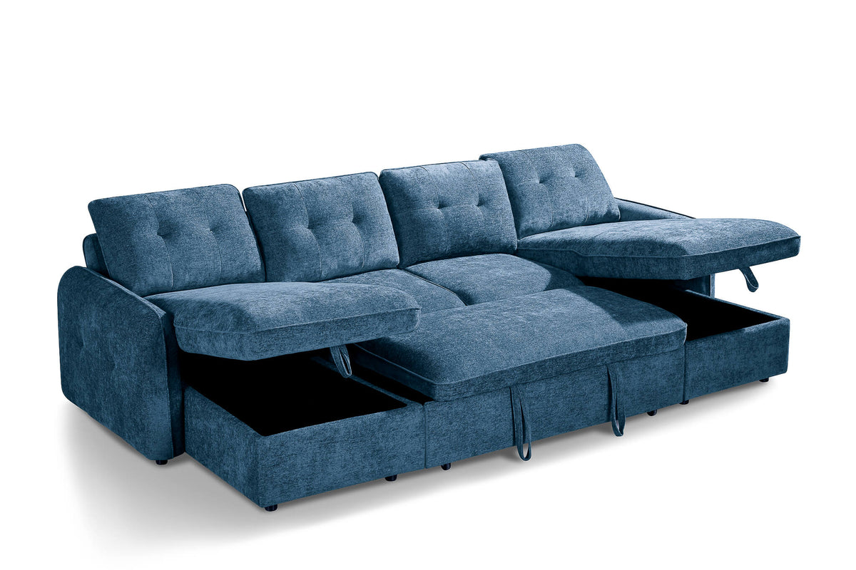 Blue U-shape corner sofa bed with reclined back and exposed pull-out mattress base