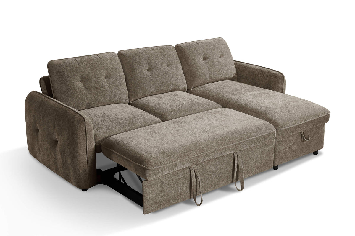 Corner sofa bed with taupe upholstery, dark brown armrests, and twin padded chaise sections