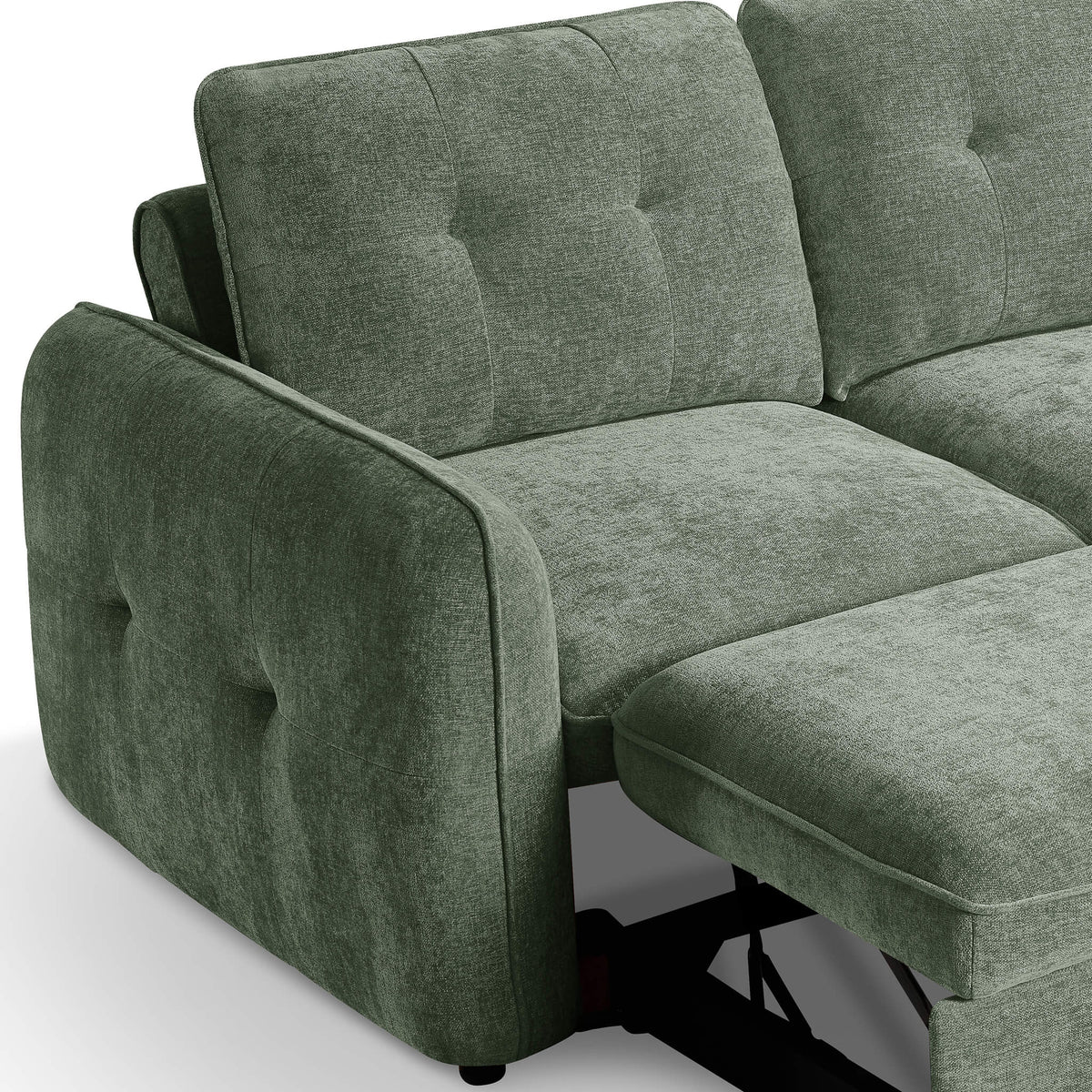 Green sofa bed angled view with thick armrests, tufted seat cushions, and pull-out base