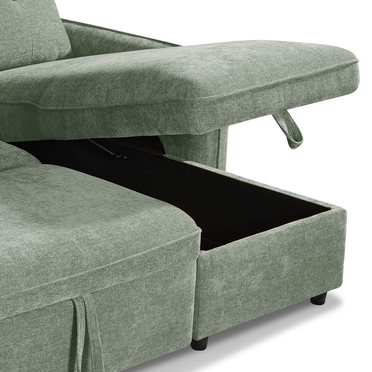 Green upholstered sofa bed showing open base with pull-out mattress support