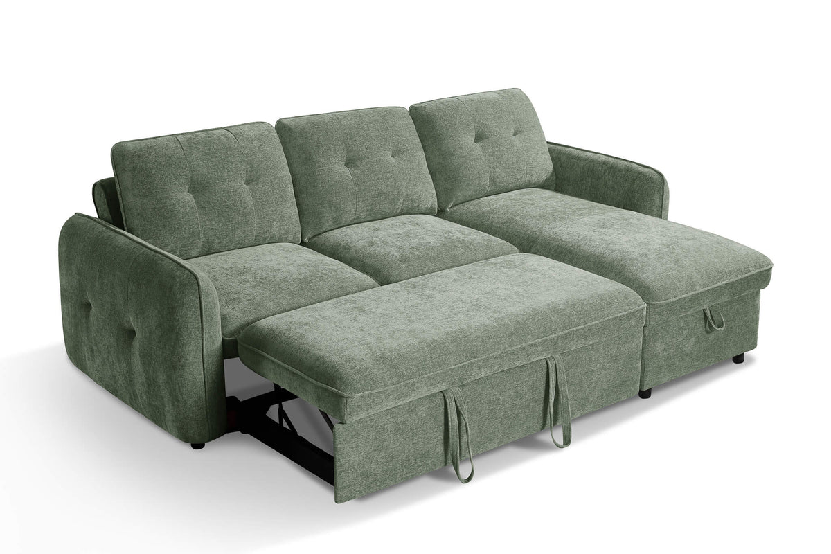 Green upholstered corner sofa bed with tufted back cushions and pull-out seating