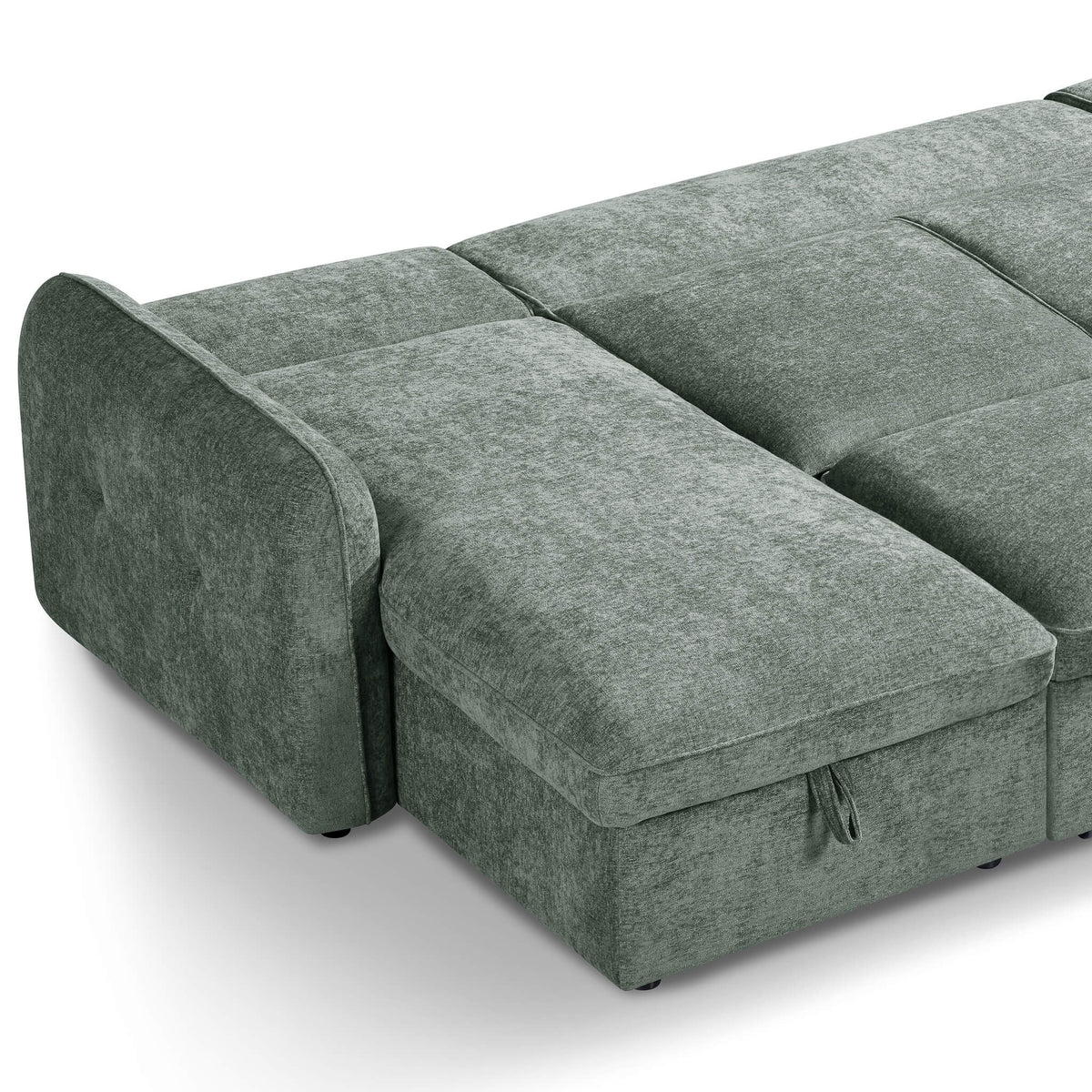 Green sofa bed chaise section with padded arm and tufted seat cushions