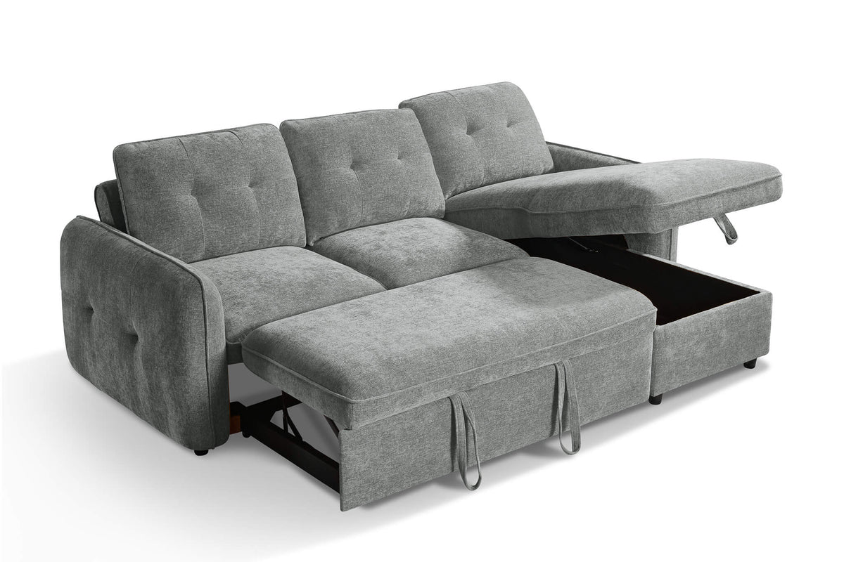 Grey corner sofa bed with tufted back cushions and pull-out seat for sleeping