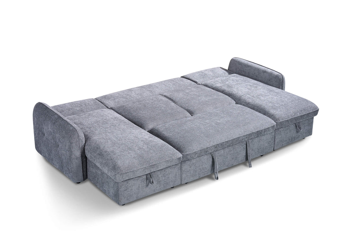 Grey corner sofa bed with pull-out mattress and three large seat sections