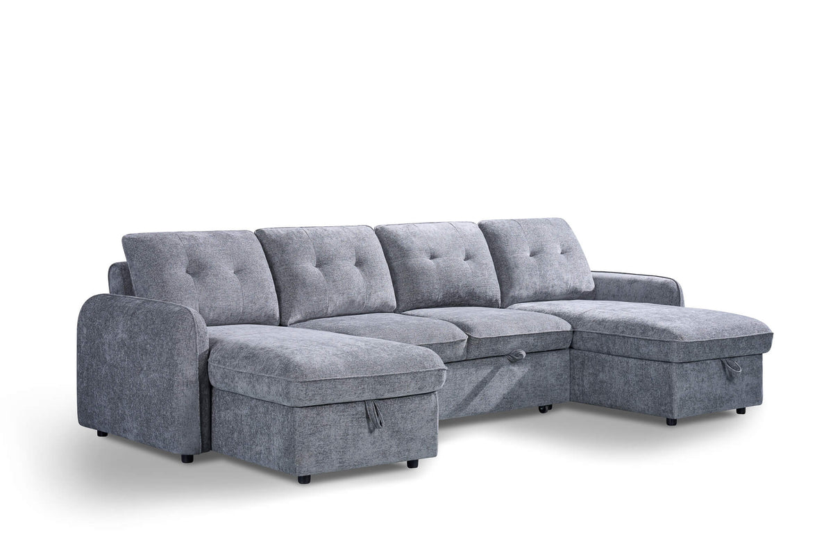 Grey U-shape corner sofa bed with tufted back cushions and padded armrests