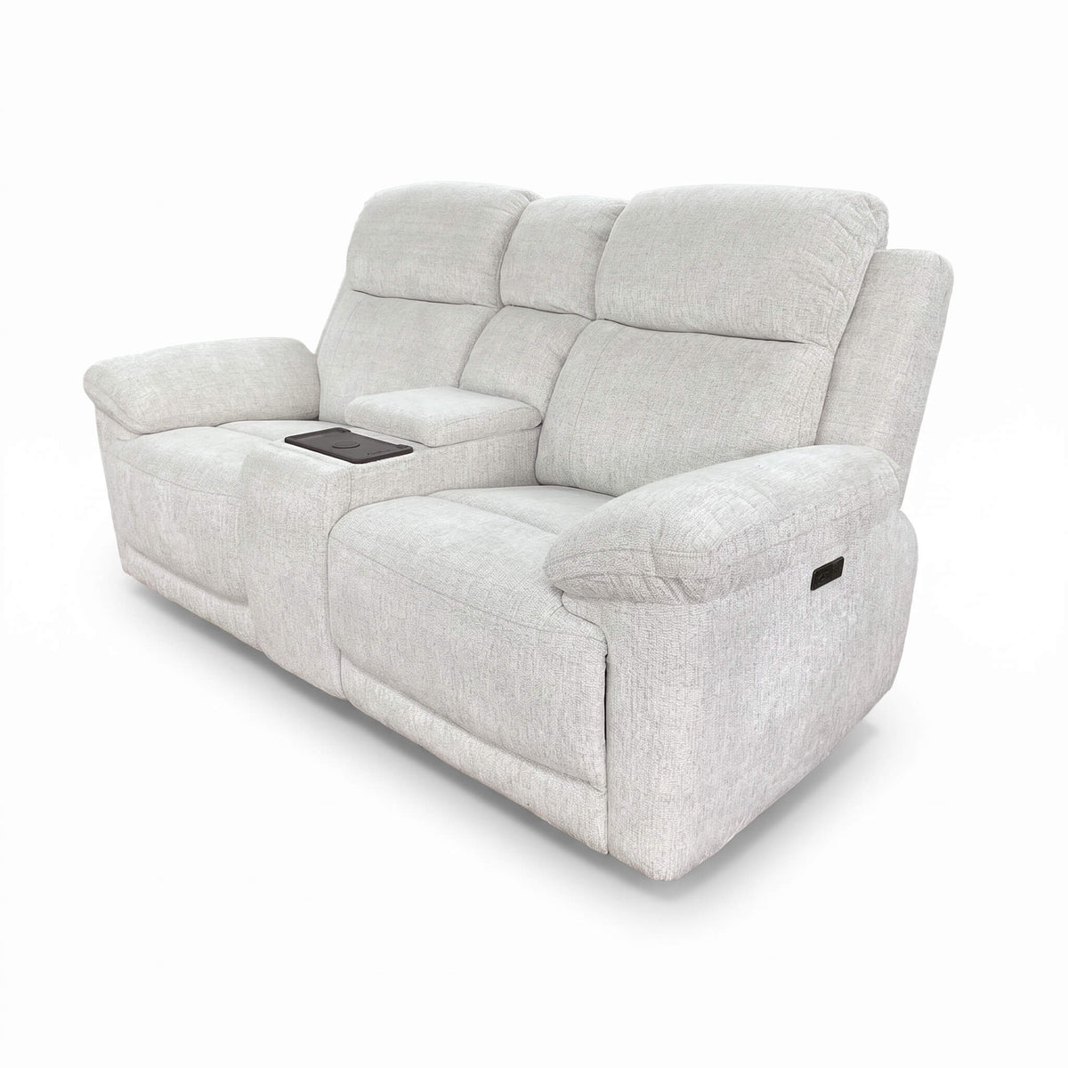 Light beige 2-seater power recliner sofa with padded armrests and control console.