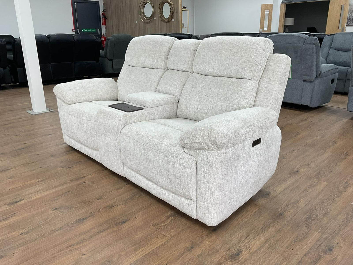 Light beige 2-seater power recliner sofa with side console and cupholder area.