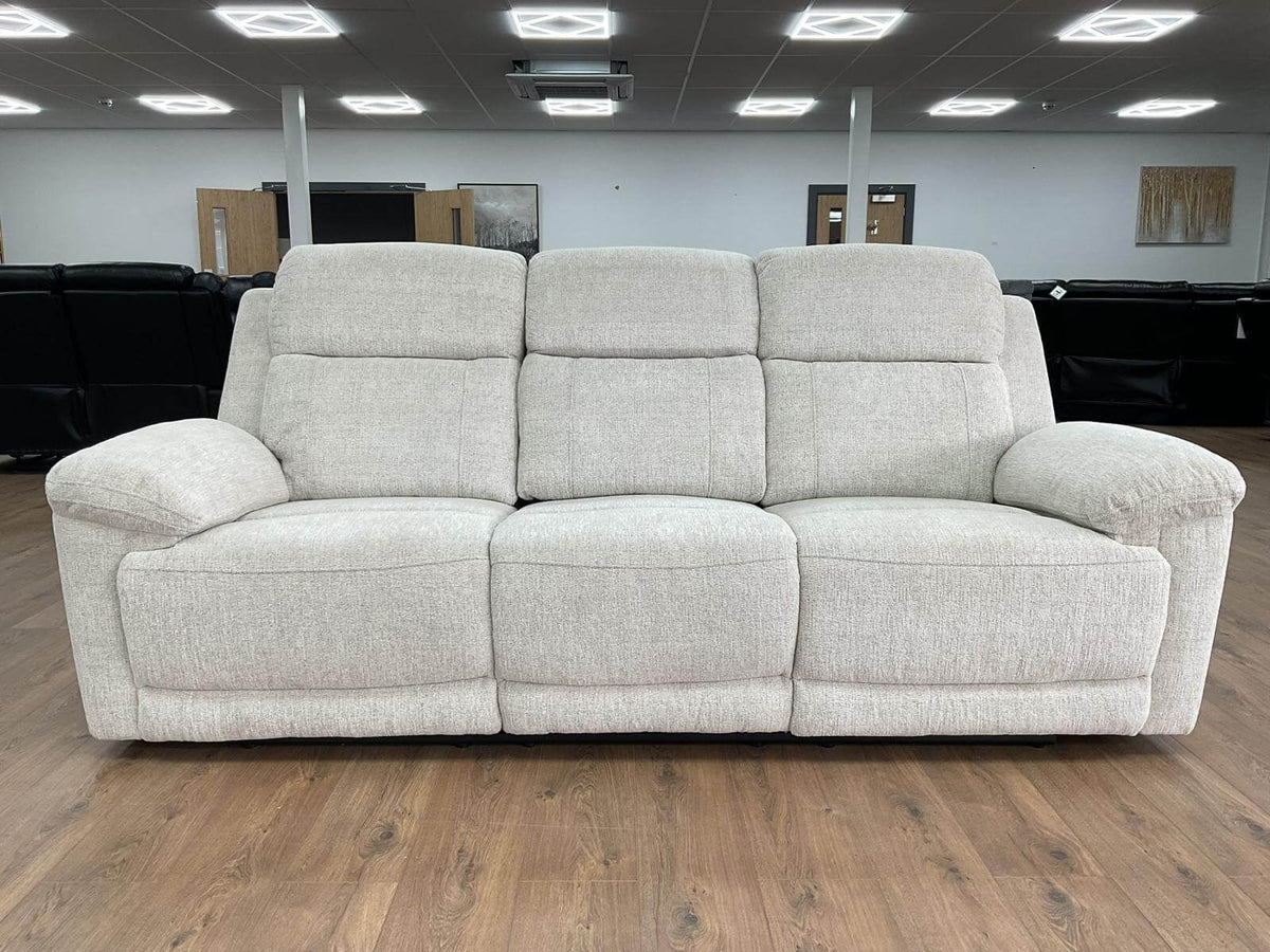 Light beige 3-seater power recliner sofa with three seat sections and twin armrests