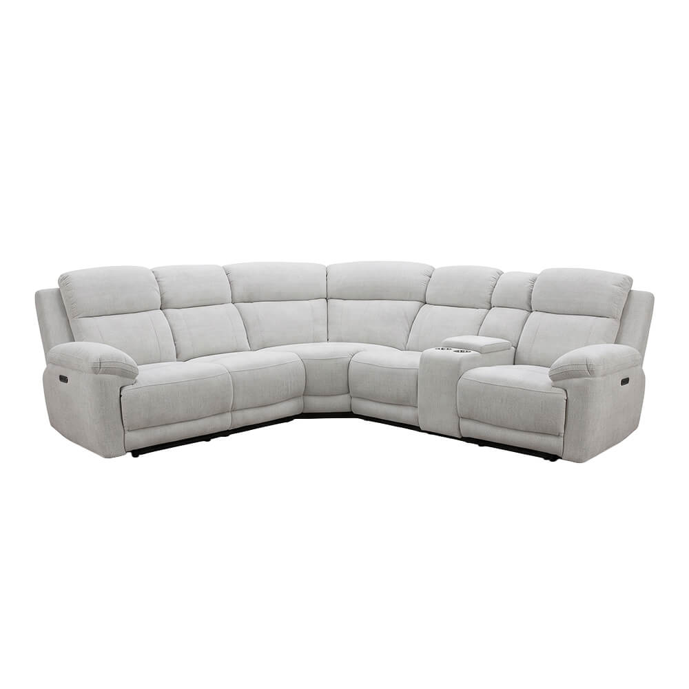 Beige corner recliner sectional sofa with chaise and padded armrests
