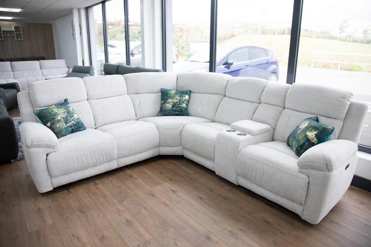Beige corner recliner sectional sofa with chaise and armrest console cup holders