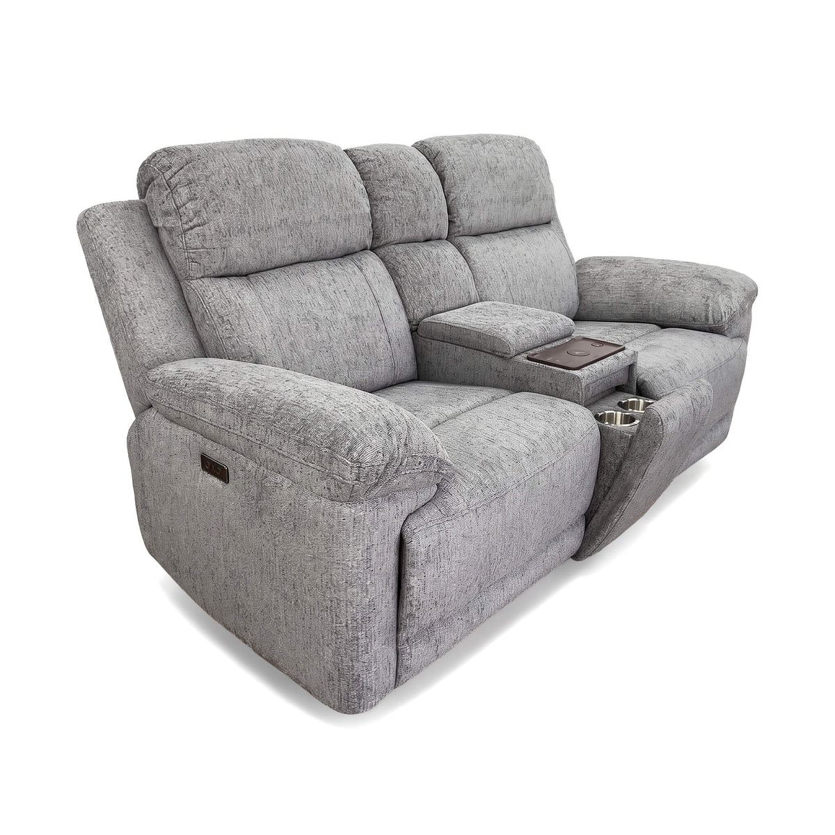 Grey 2-seater power recliner sofa front view with headrest back cushions.