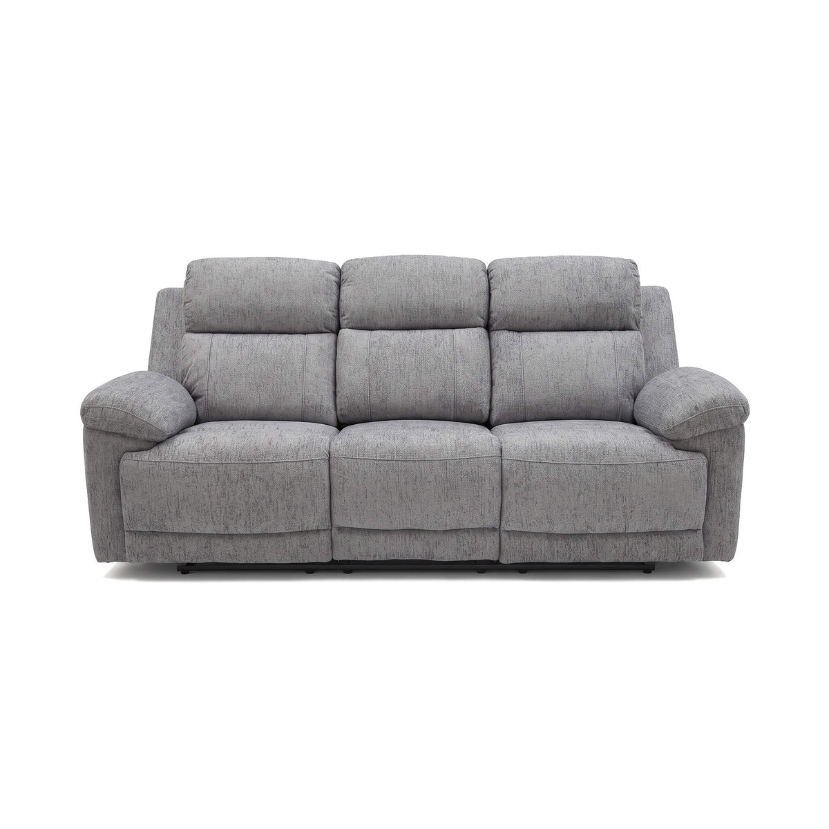 Grey 3-seat power recliner sofa with cushioned arms and segmented backrest cushions