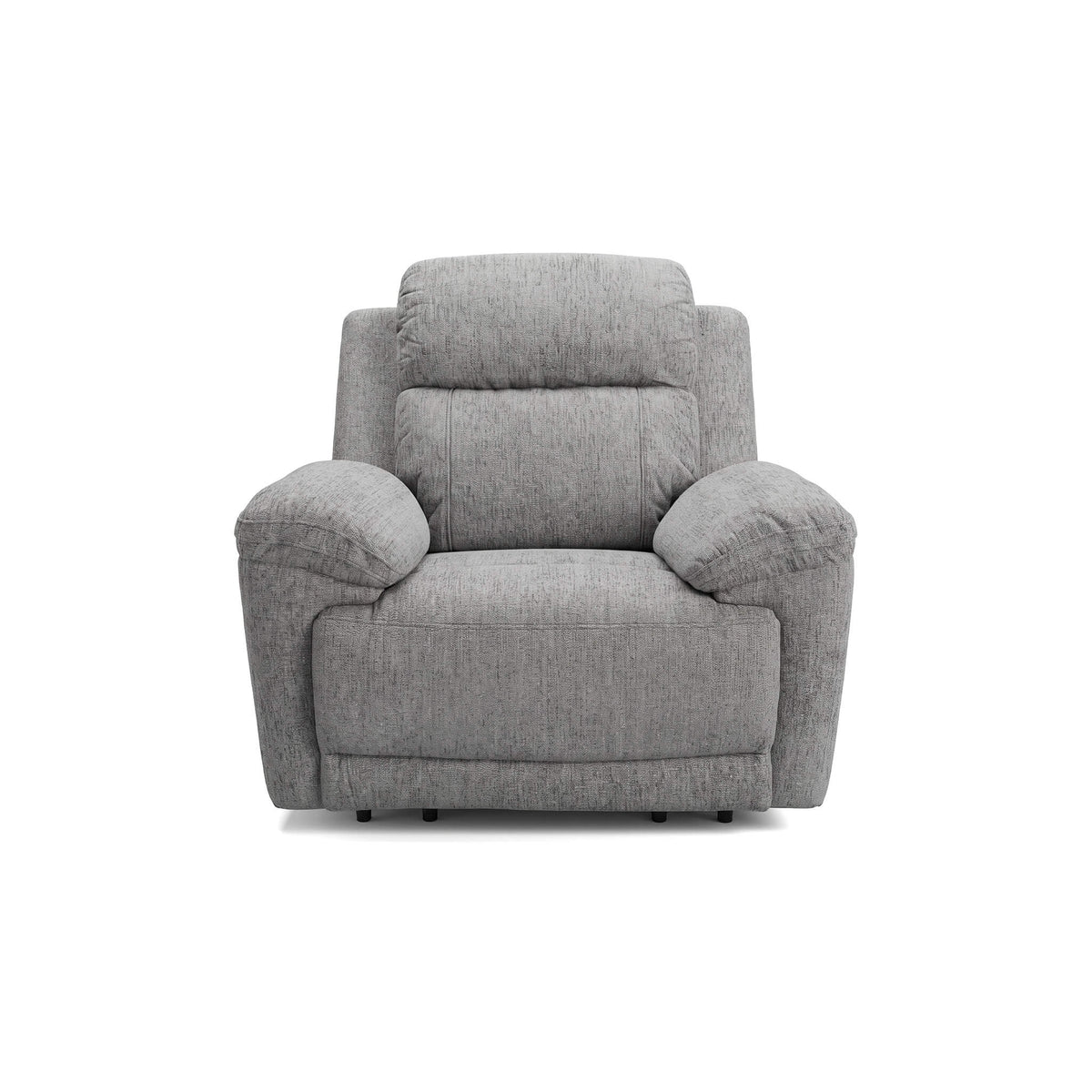 Grey fabric power recliner armchair with padded arms and tall backrest.