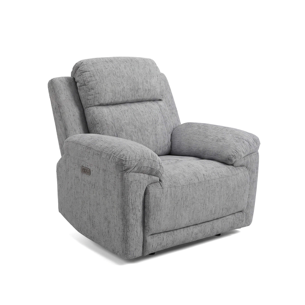 Grey fabric power recliner armchair with wide track arms and padded headrest.