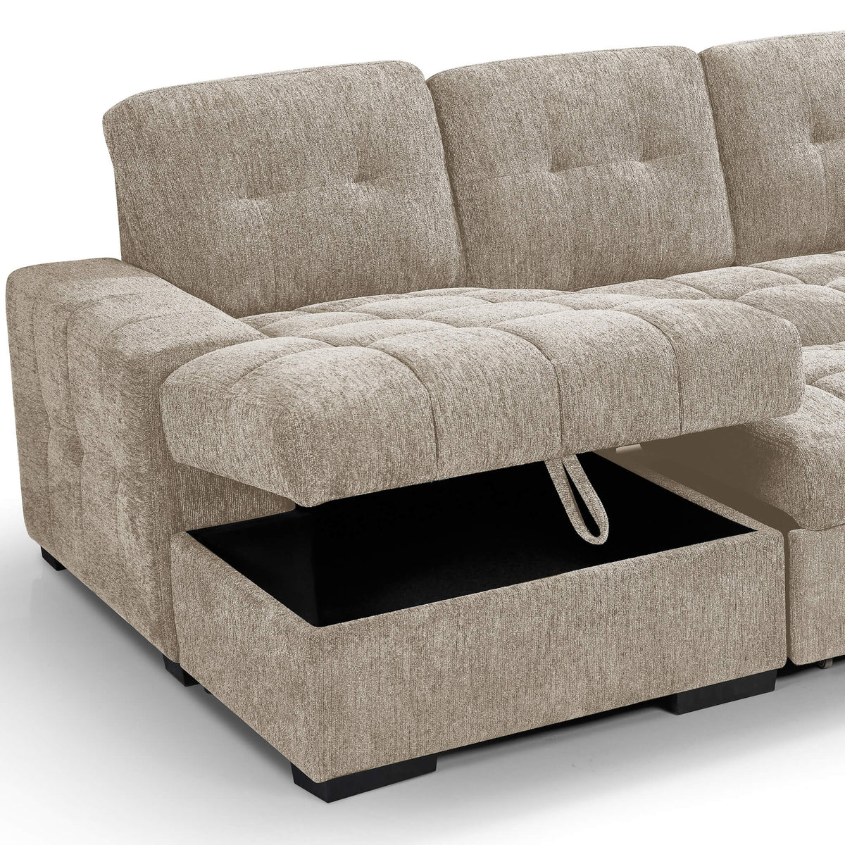 Beige U-shape sofa bed with open storage under seat and tufted cushions
