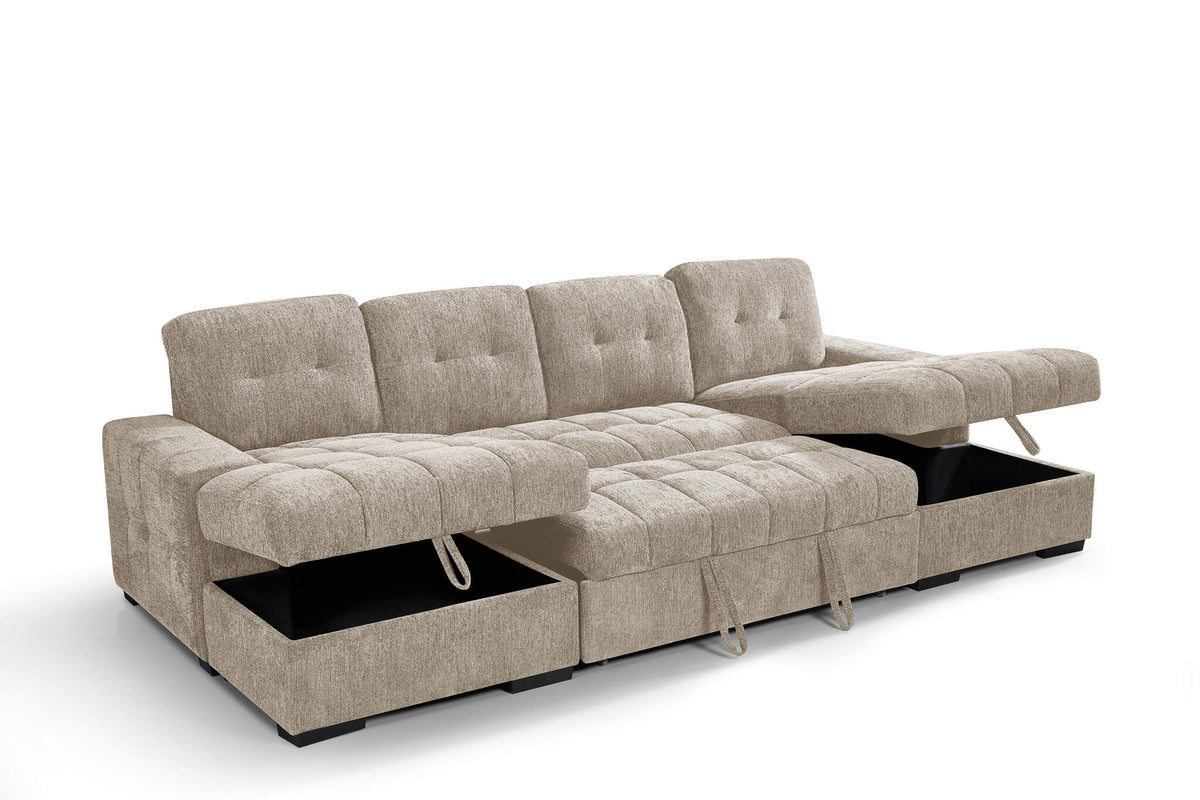 Beige U-shape sofa bed with pull-out base exposed, tufted back and quilted cushions