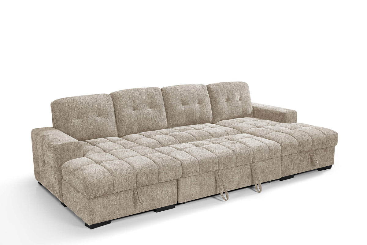 Beige U-shape sofa bed with tufted back and quilted seat, shown in sofa mode
