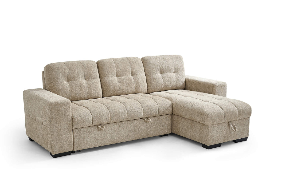 Beige corner sofa bed with tufted back cushions and storage ottoman, side view.