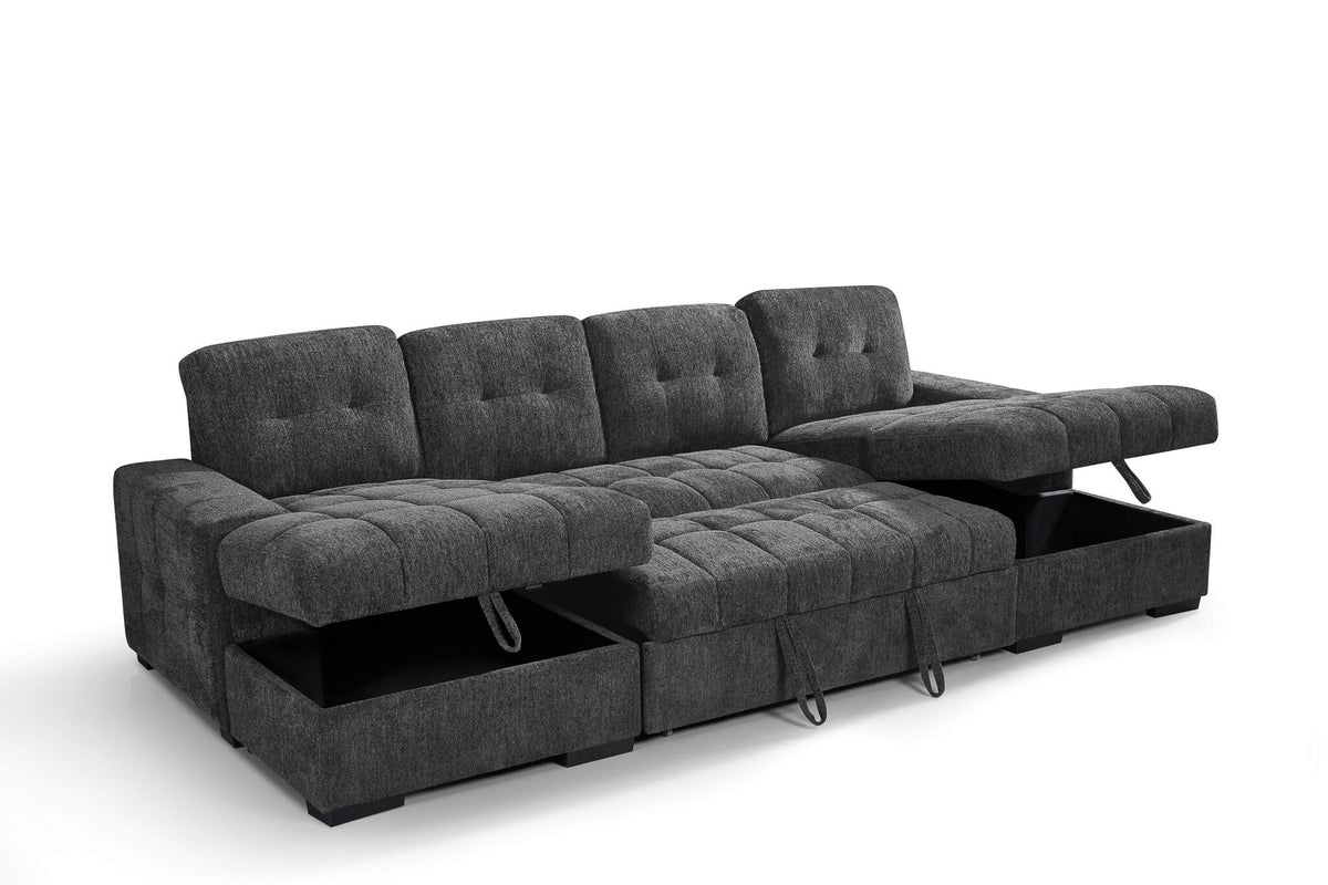 Grey U-shape sofa bed with ottoman extended and pull-out bed platform