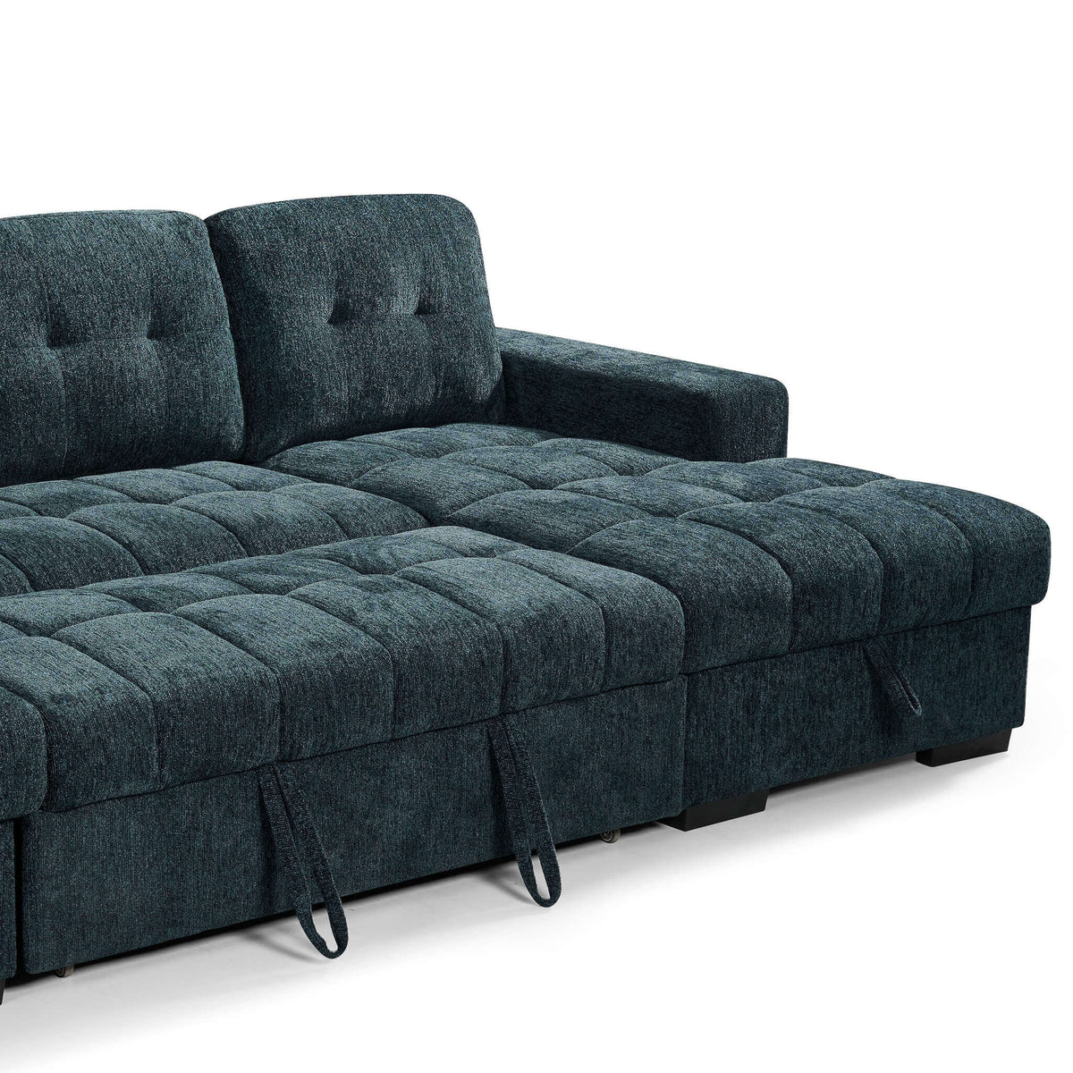 Teal sofa bed with tufted backrest and quilted mattress-style seat panel