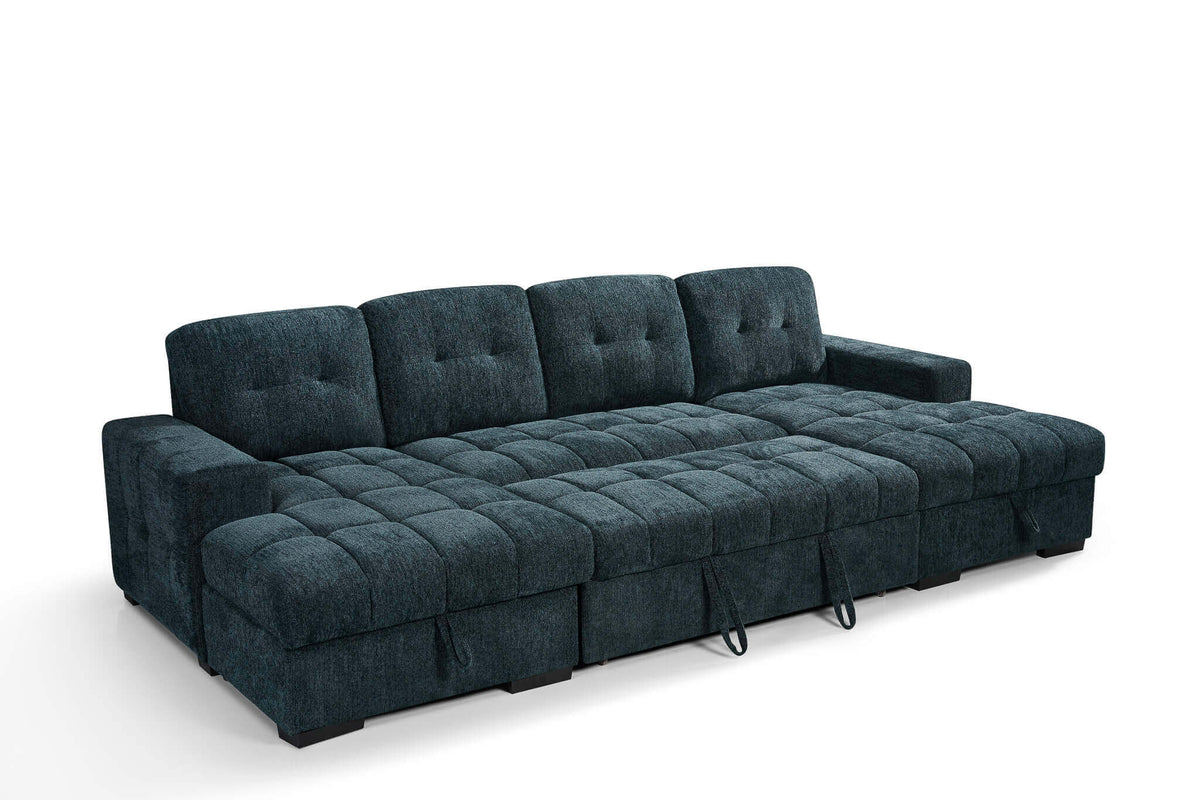 Teal U-shaped sofa bed with quilted seat cushions and tufted backrest, closed