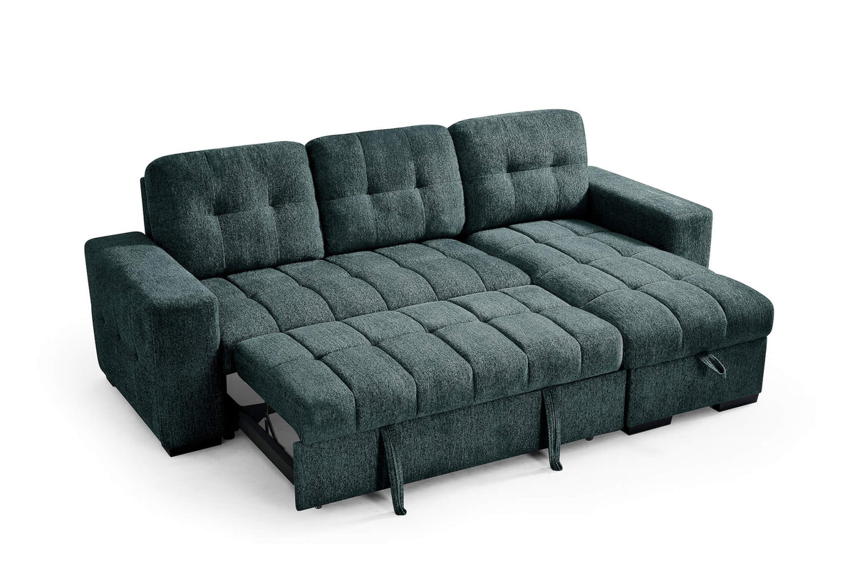 Teal corner sofa bed converted into a flat bed with tufted mattress cushions