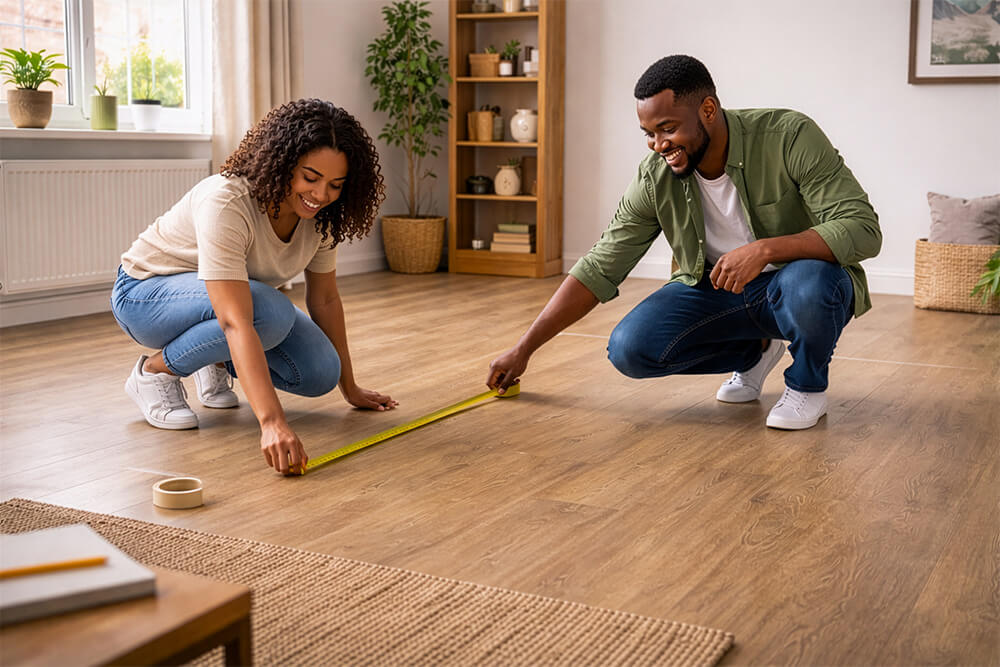 Two people measuring a wooden floor in a room in preparation for the new sofa, their is surrounded with with plants and furniture.