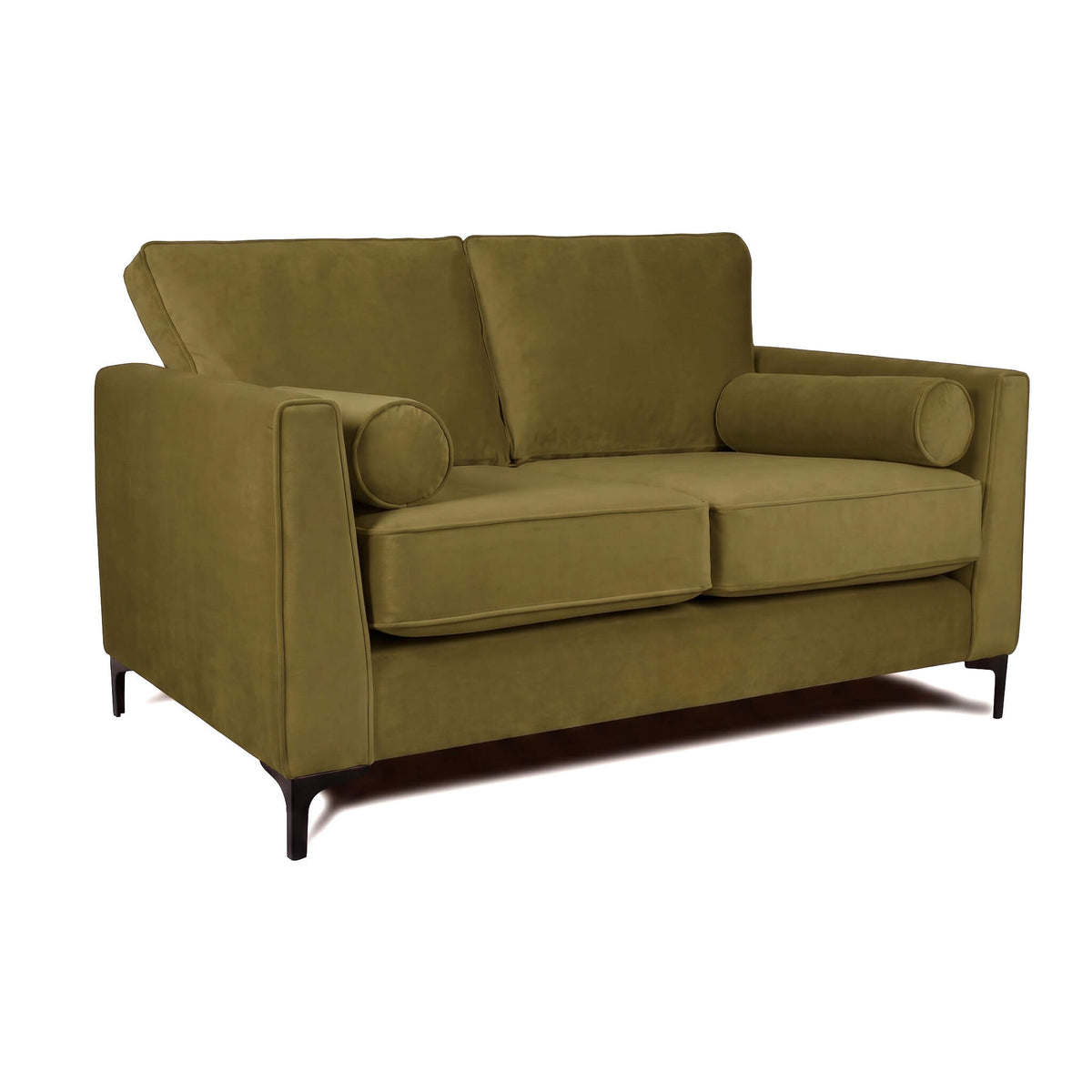Adam Green 2-seater sofa with olive-green fabric, rounded bolster cushions on both arms.