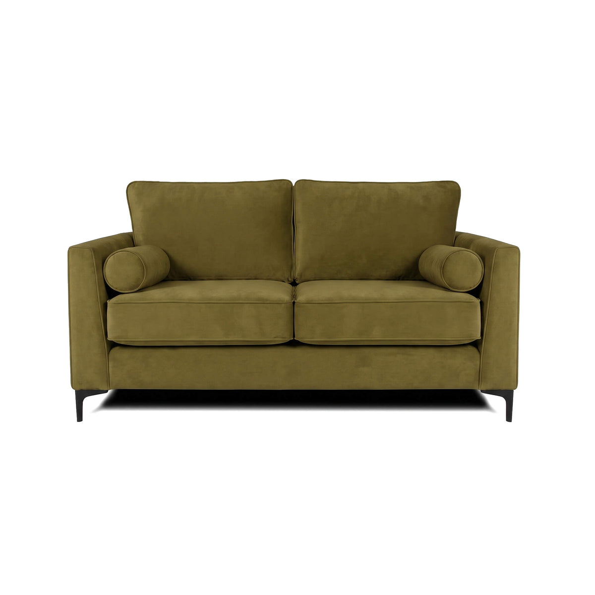 Adam Green 2-seater sofa in olive-green upholstery with two seat cushions and square arms.