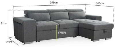 Grey corner sofa bed a with dimensions labeled