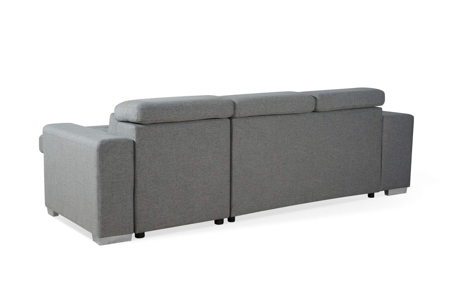 Grey corner sofa bed rear view in a white background