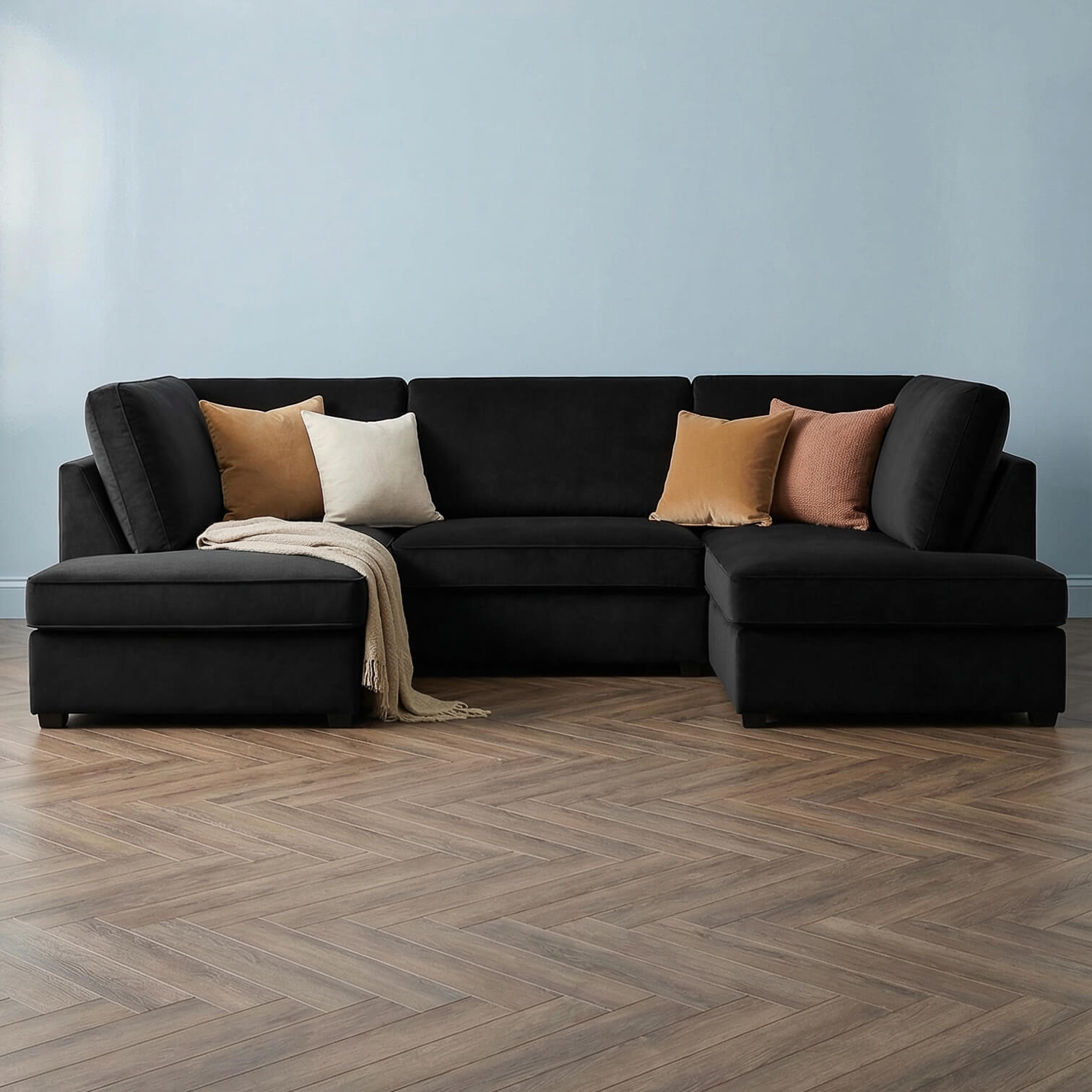 Carmelle Velvet Black U Shape Corner Sofa