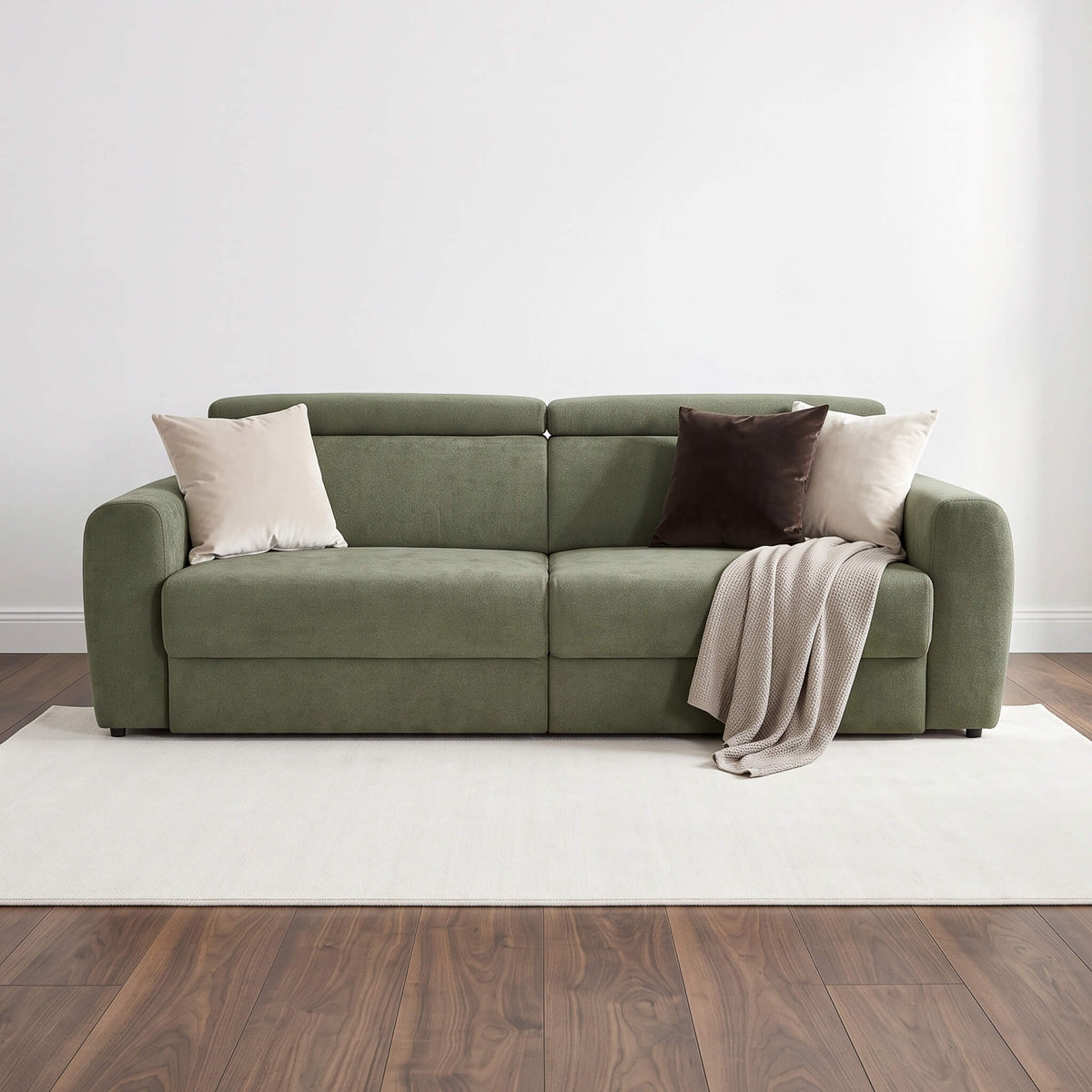 Flex Green 3 Seater Power Slider Sofa styled with neutral cushions and throw on dark wood flooring