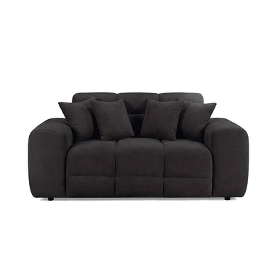 Dark 2-seater sofa with tufted seat, three cushions, and back pillows