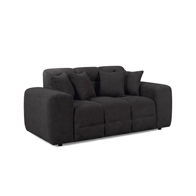 Dark 2-seater sofa with tufted back, rounded arms, and no side pillows