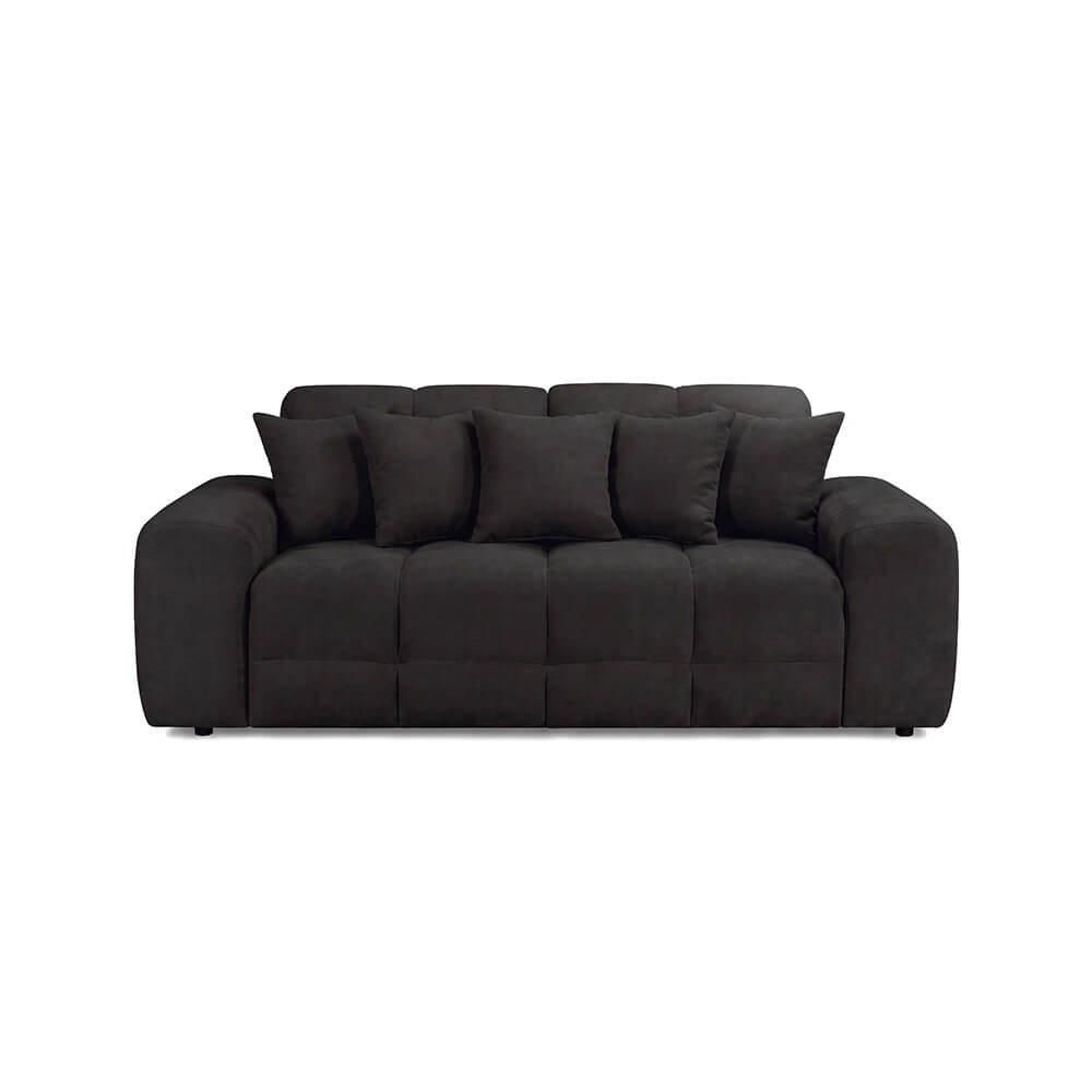 Black 3-seater sofa with tufted seat and back cushions, rounded arms