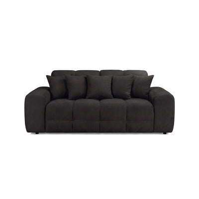 Black 3-seater sofa with tufted seat and back cushions, rounded arms