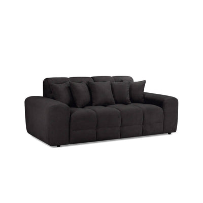 Black 3-seater sofa with boxy frame and tufted back cushions, dark upholstery