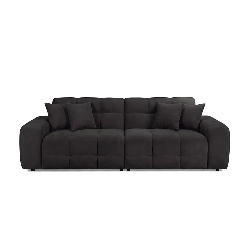 Black 4-seater tufted sofa with square arms, padded back cushions, short legs