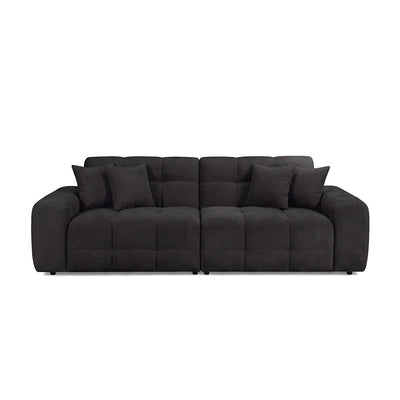 Black 4-seater tufted sofa with square arms, padded back cushions, short legs
