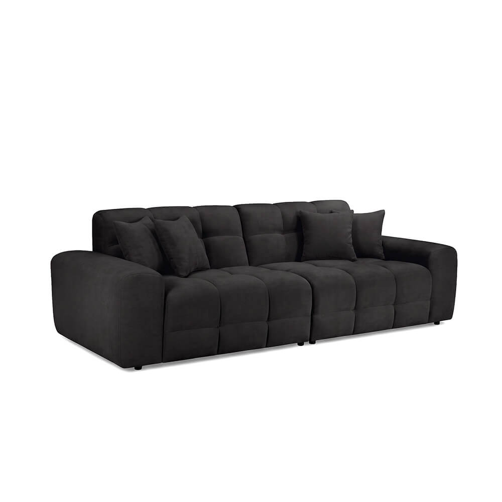 Black 4-seater sofa with tufted back and seat cushions, square arms, low profile