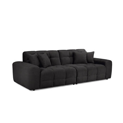 Black 4-seater sofa with tufted back and seat cushions, square arms, low profile