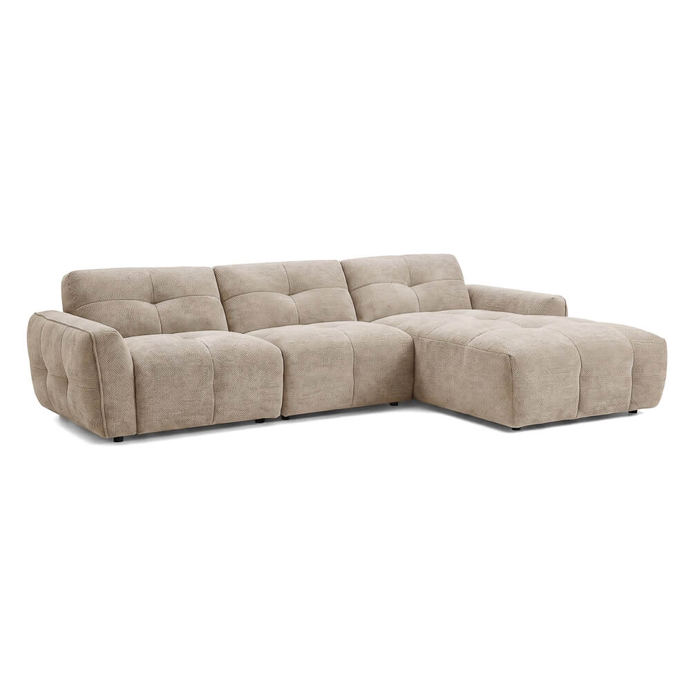 Beige right corner sectional sofa with padded seat cushions and rounded armrests