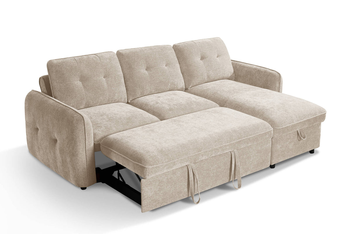 Beige corner sofa bed with tufted back cushions and pull-out chaise, bed cover visible